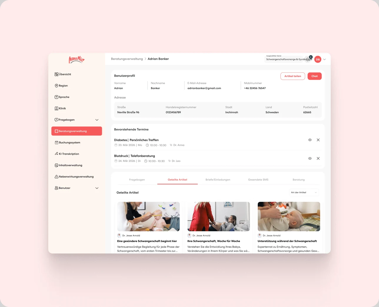 Mama Mia care team dashboard