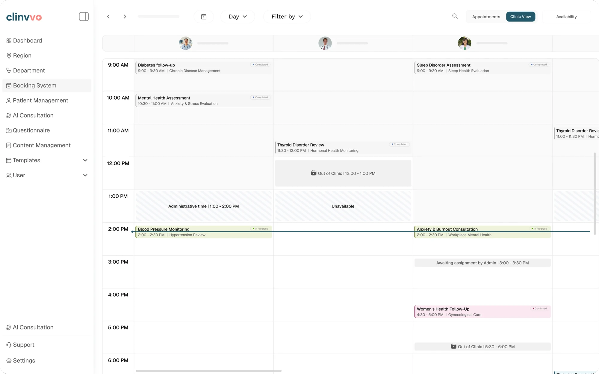 Clinvvo appointment scheduling dashboard